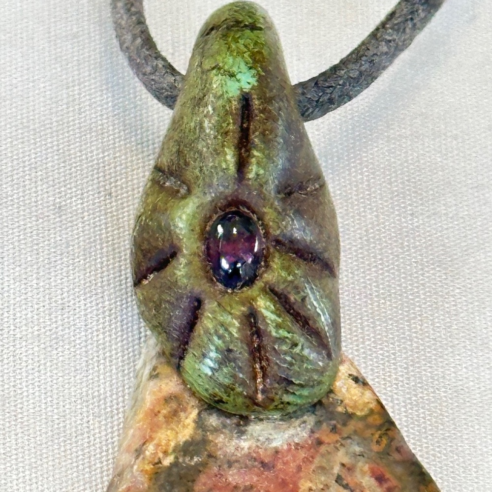 Raw Jasper Stone w/Garnet Eye Pendant on Cord Red/Brown/Tan/Cream/Orange - Picture 2 of 16